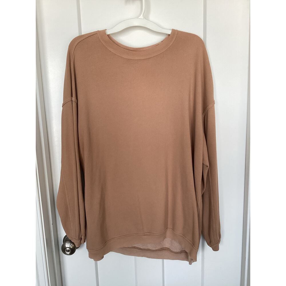 Aerie Women's Puff Sleeve Oversized Distressed‎ Pullover Sweatshirt Brown Medium